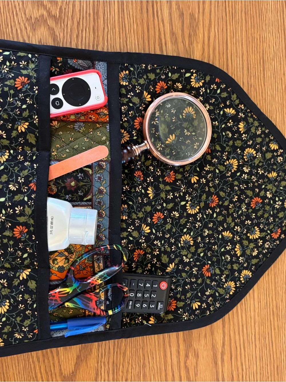 New quilted over arm rest Floral Fabric Bedside Organizer - Black